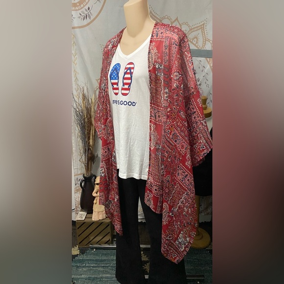 NWT AMERICAN EAGLE Red FLORAL Short SLEEVE Long KIMONO Boho DUSTER Cardigan XS/S - Picture 4 of 7